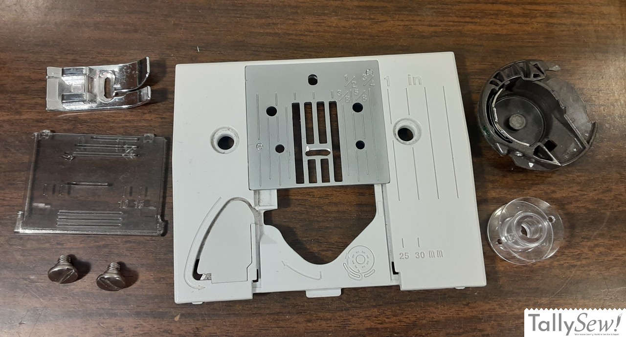 Brother-JX2517 throat plate, bobbin case, bobbin, presser foot, slide plate, and throat plate screws