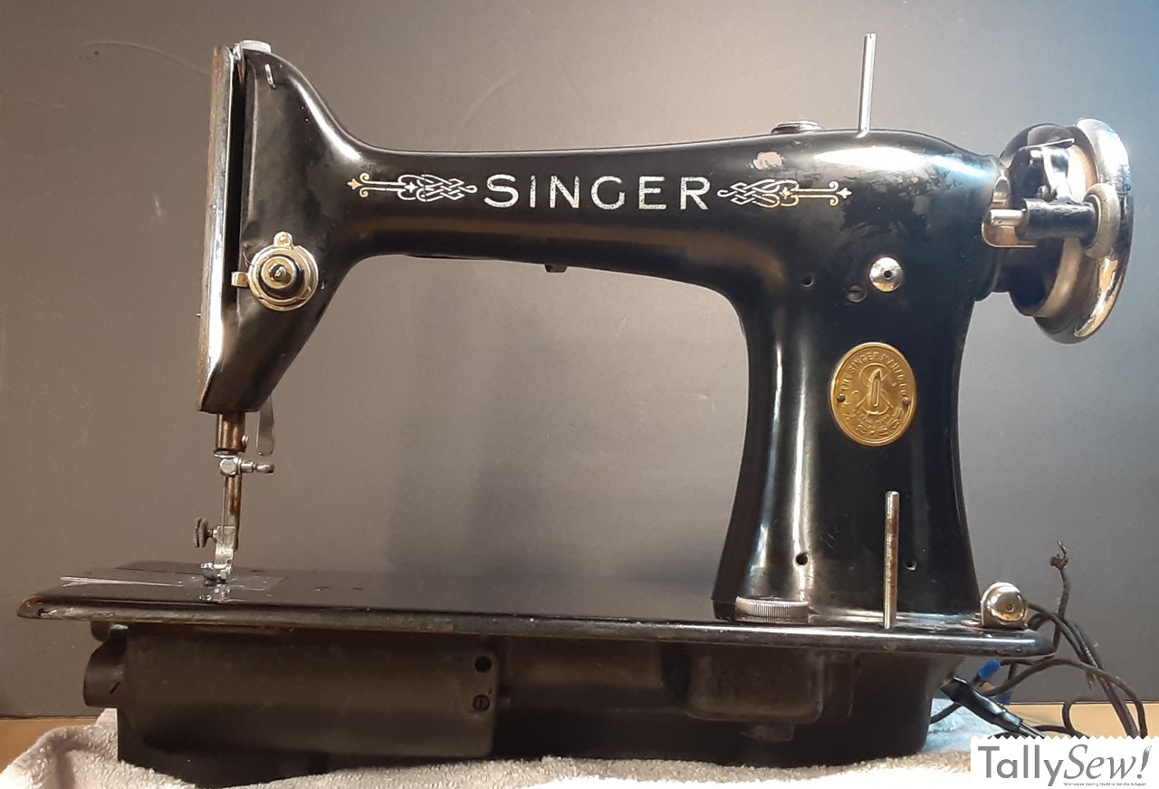A vintage Singer 101-4 sewing machine, noted as Singer's first electric-only domestic model.