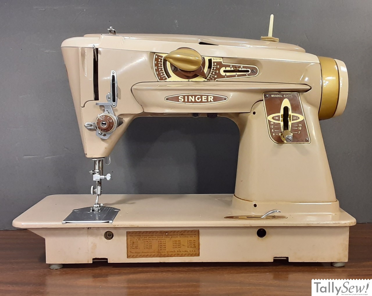 A vintage Singer 500A Rocketeer sewing machine, a multi-stitch model with a distinctive mid-century design