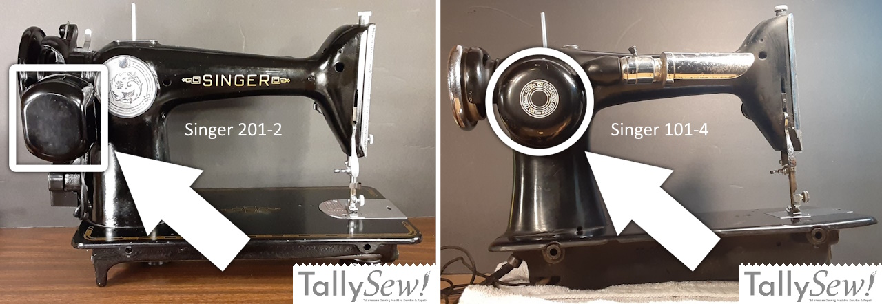 Side-by-side comparison of a Singer 201-2 (left) and a Singer 101-4 (right), showing the different shapes of their motor housings when viewed from the back.