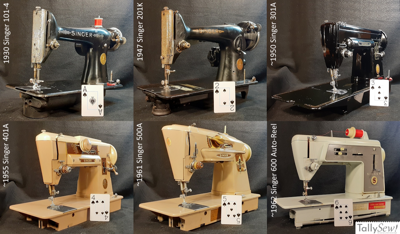 A creative composition of six vintage Singer sewing machines, known as the 'Big Six.' Each machine is paired with a playing card that matches the first digit of its model number: an Ace for the 101-4, a two for the 201-2, a three for the 301A, a four for the 401A, a five for the 500A, and a six for the 600.