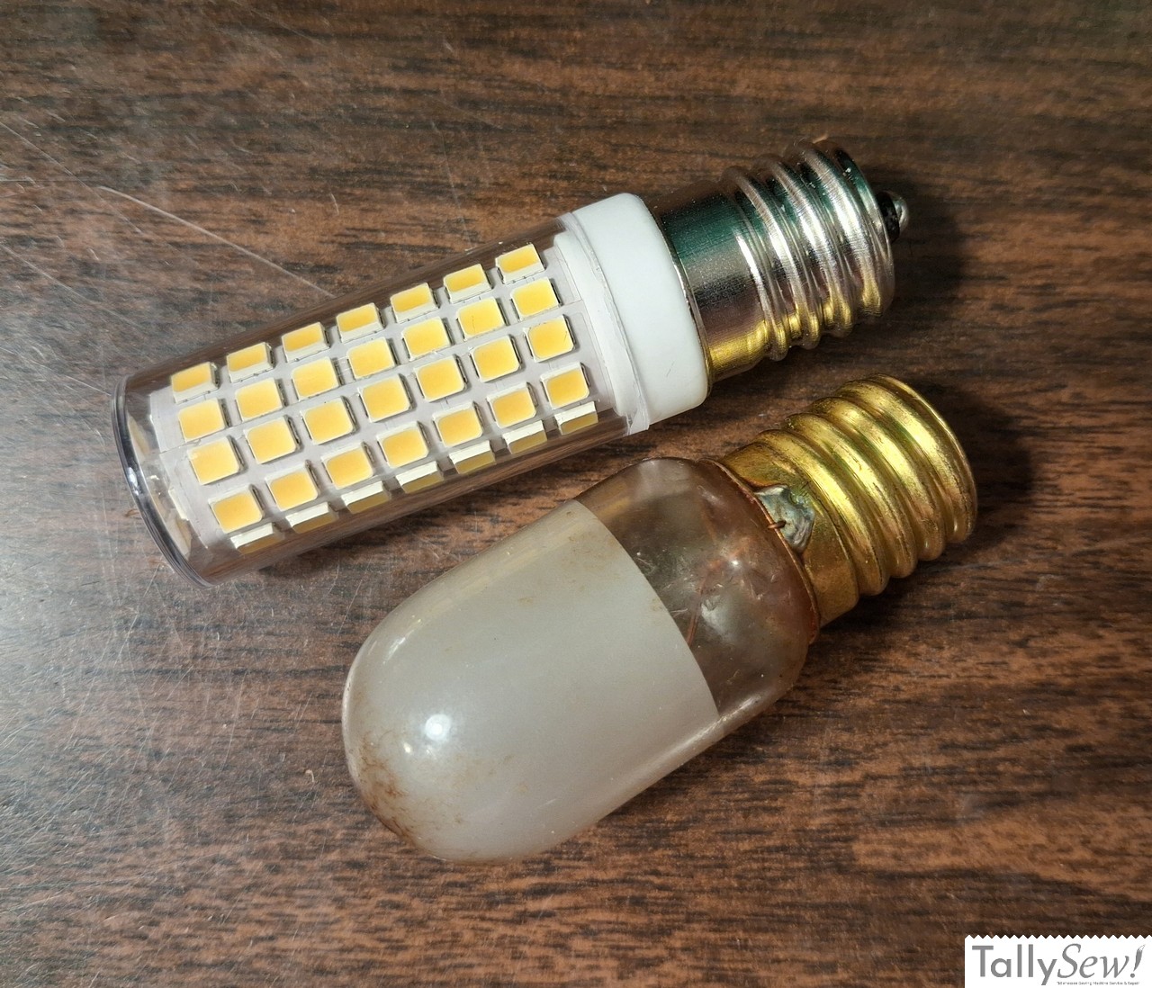 E17 incandescent bulb next to modern LED bulb upgrade